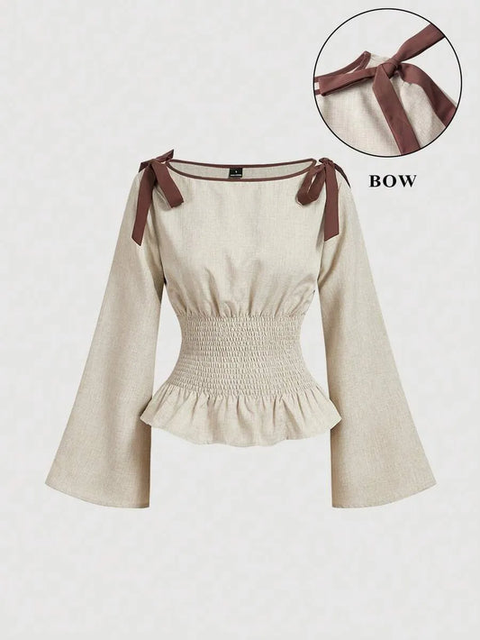 SHEIN MOD بلوزة نسائية أنيقة بأكمام واسعة وربطة عنق وتفاصيل كشكش بلون كاكي