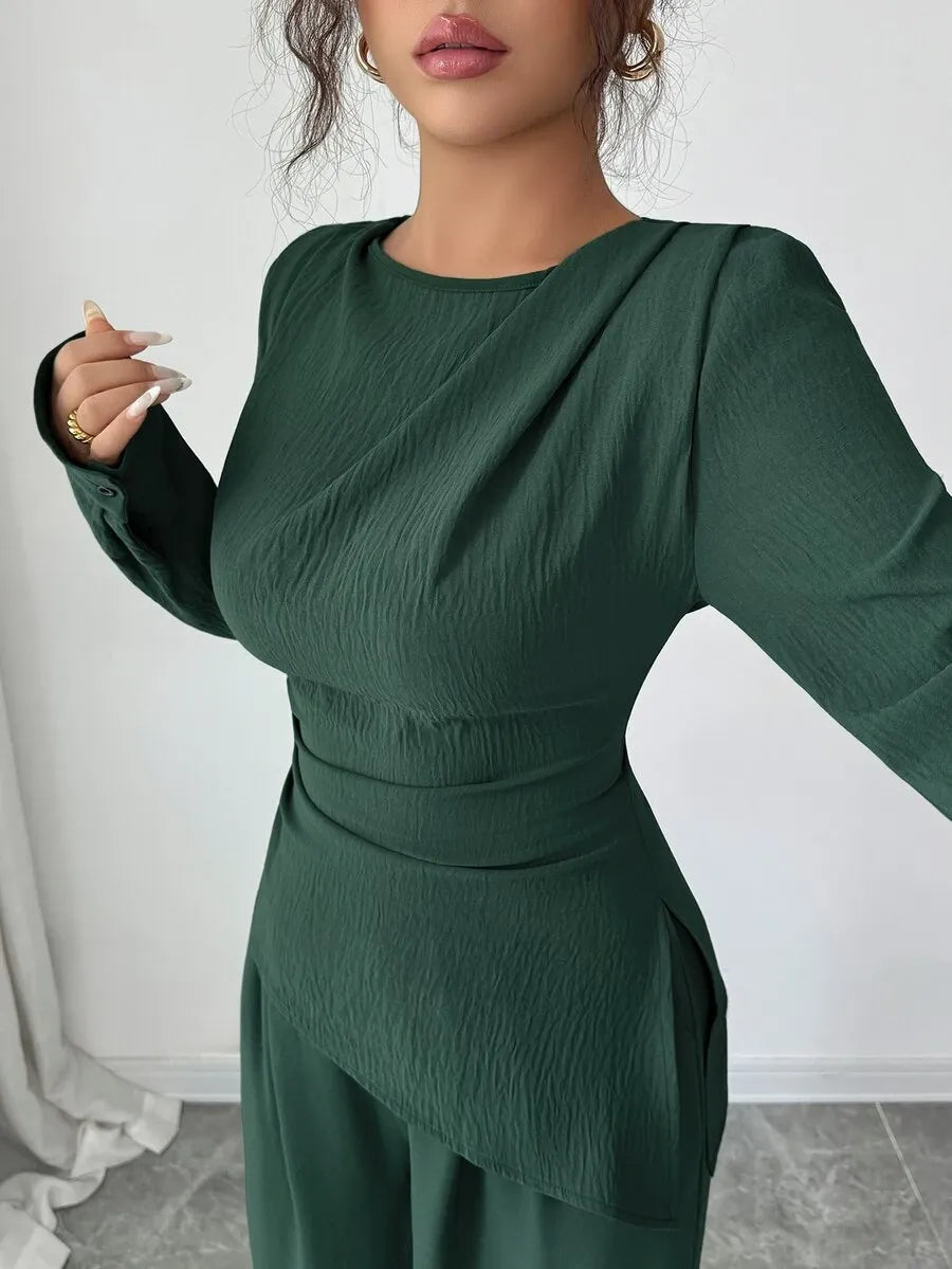 SHEIN Raffinéa طقم نسائي قطعتين تي شيرت بأزرار وبنطال طويل بلون أخضر داكن