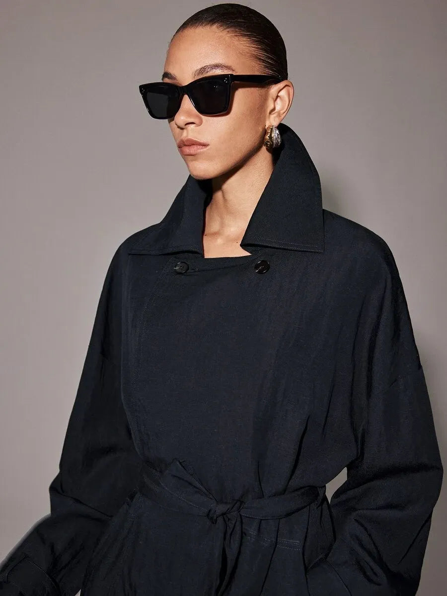 SHEIN Anewsta Essential معطف ترنش أسود بحزام وأكتاف منسدلة