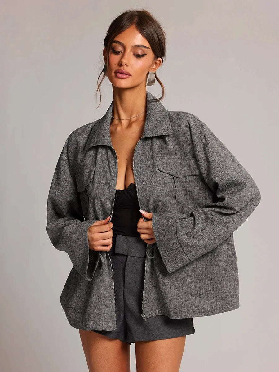 SHEIN BAE جاكيت نسائي انيق بسحاب وخصر مطاطي