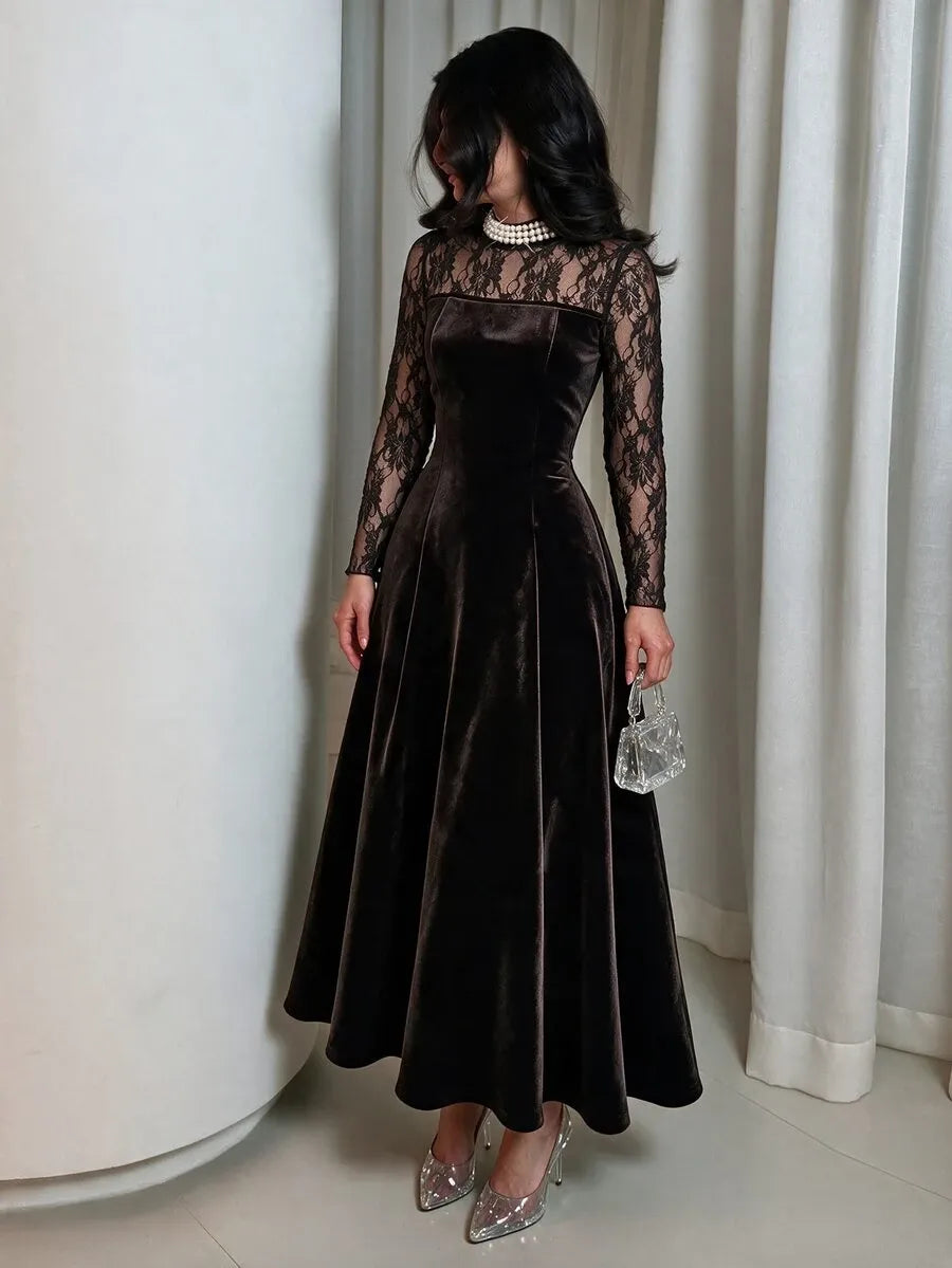 SHEIN NOVVYNE فستان مخملي ميدي بياقة واقفة وأكمام طويلة وتفاصيل دانتيل وخرز بلون بني داكن