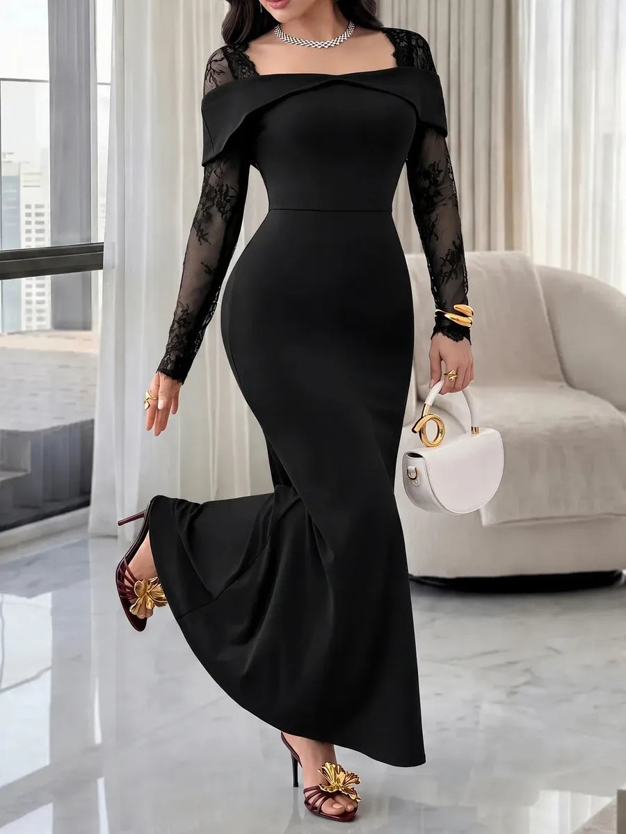 SHEIN Feyla فستان طويل ضيق بياقة مربعة وأكمام طويلة وتفاصيل دانتيل بلون أسود
