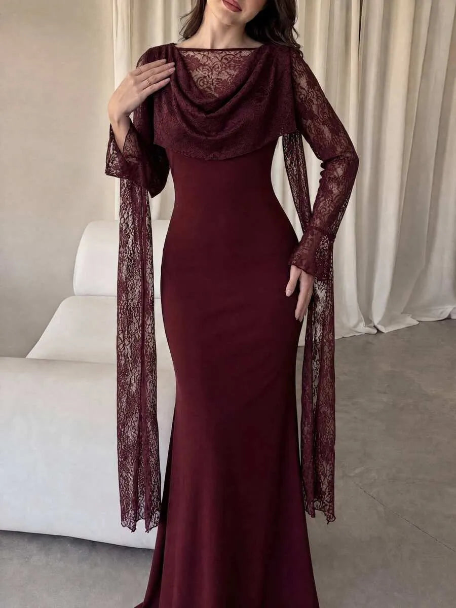 SHEIN Modelyn فستان طويل ضيق بياقة دائرية وأكمام واسعة وتفاصيل دانتيل بلون عنابي
