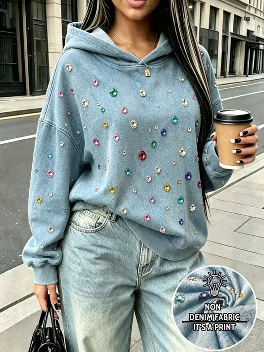 SHEIN Rovax هودي نسائي بطبعة جرافيكية وحجر الراين متعدد الألوان