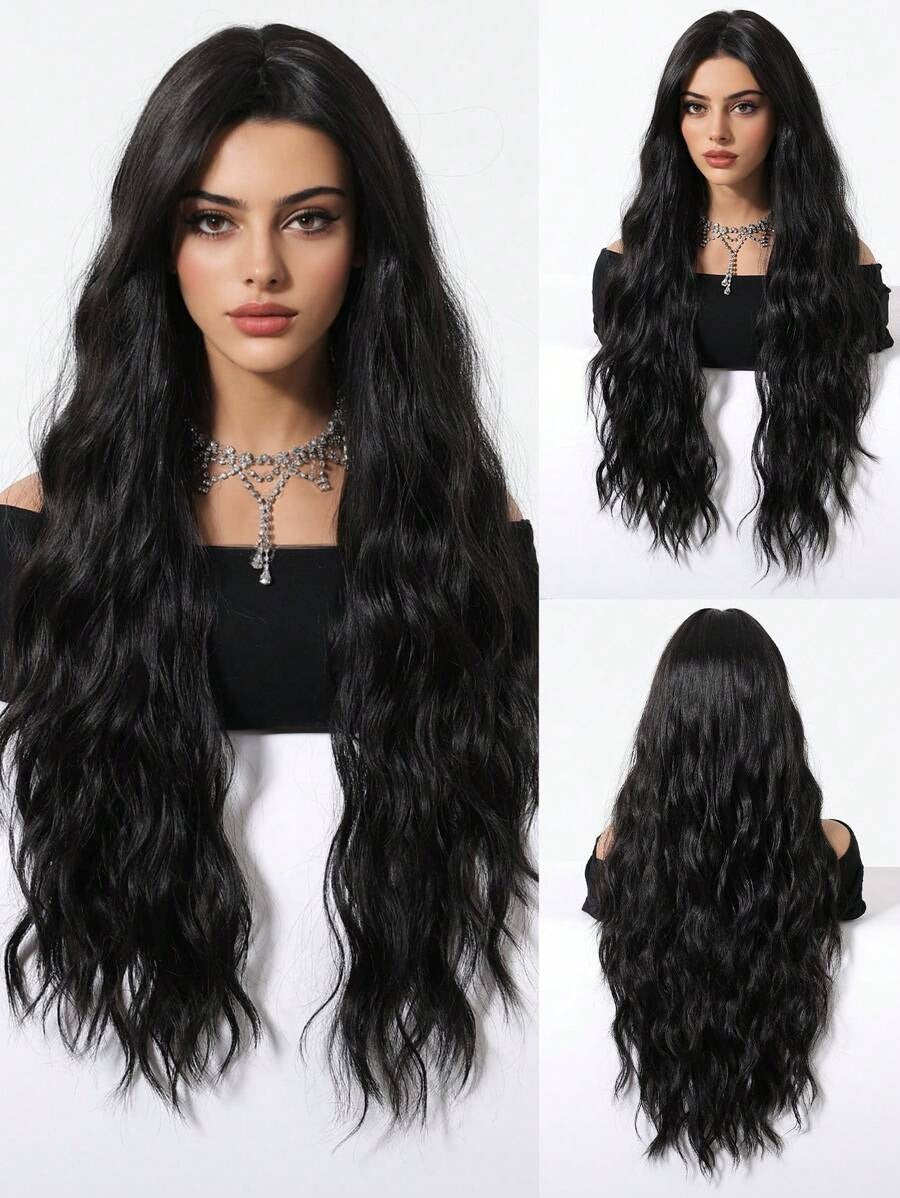SHEIN باروكة شعر أسود طويلة 28 بوصة مموج وكيرلي مقاومة للحرارة