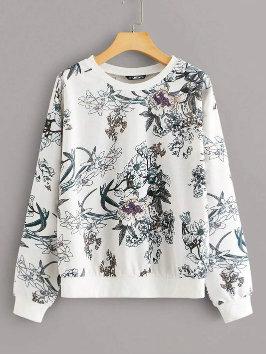 SHEIN LUNE سويت شيرت نسائي بطبعة نباتية بلون أبيض