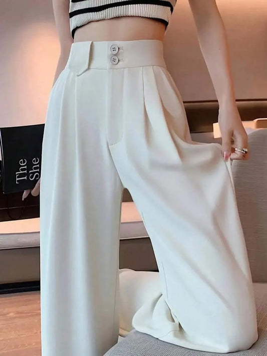 SHEIN بنطال نسائي واسع بلون أبيض بأزرار أمامية