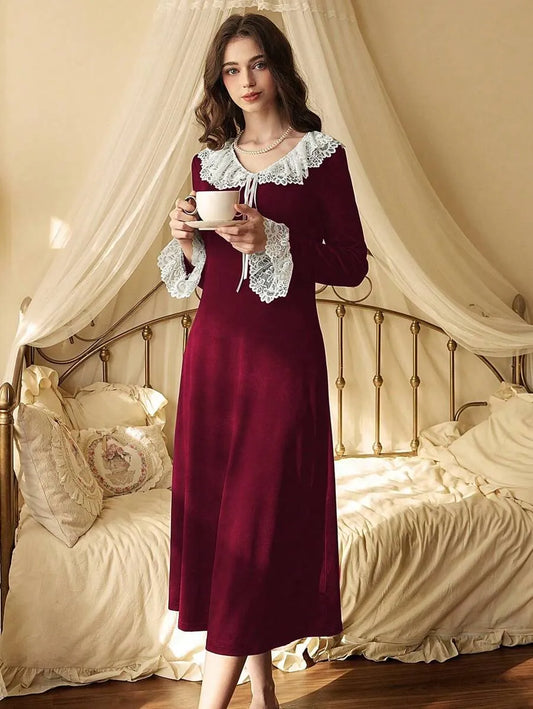 SHEIN Côtesoire فستان نوم بلون عنابي دانتيل وأكمام طويلة وتفاصيل شبكة وكشكش