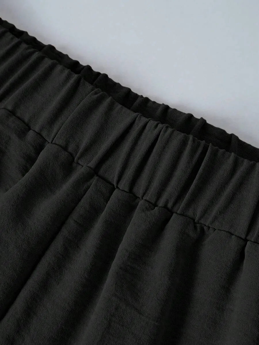 SHEIN Zovinel مجموعة كاجوال صيفية أحادية اللون للنساء - تيشيرت وبنطلون واسع من قطعتين