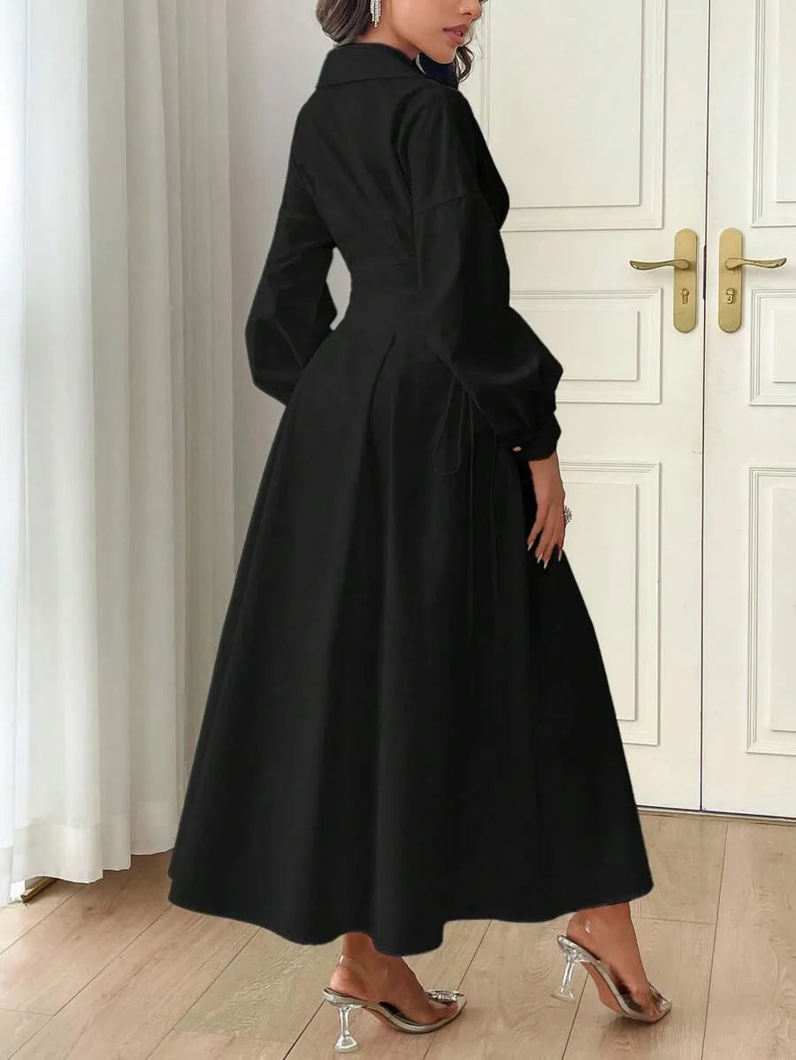 SHEIN Modelyn فستان قميص طويل بأزرار أمامية وخصر محدد بلون أسود