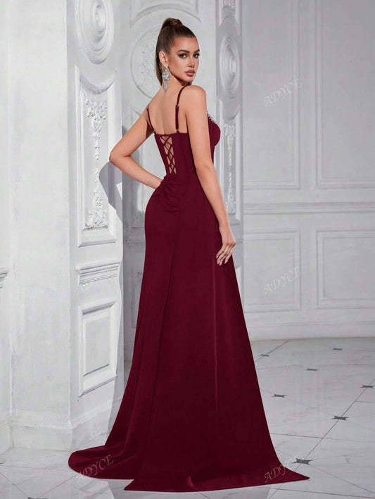 SHEIN فستان ماكسي عنابي مرصع بالراين