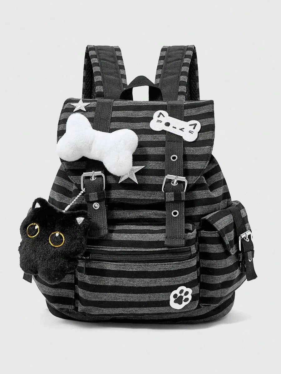 SHEIN ROMWE Grunge Punk حقيبة ظهر بتصميم بانك بنمط قطط وعظام
