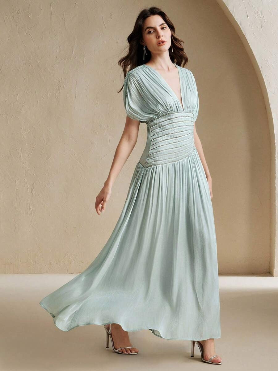 SHEIN Anewsta فستان طويل أزرق فاتح مزخرف بالخرز
