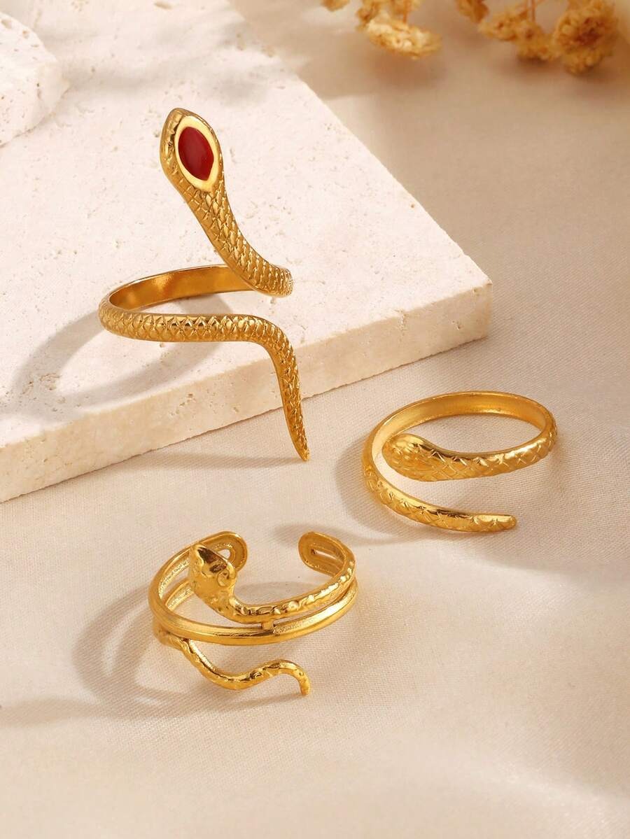 SHEIN طقم 3 خواتم ستانلس ستيل بتصميم ثعبان أنيق