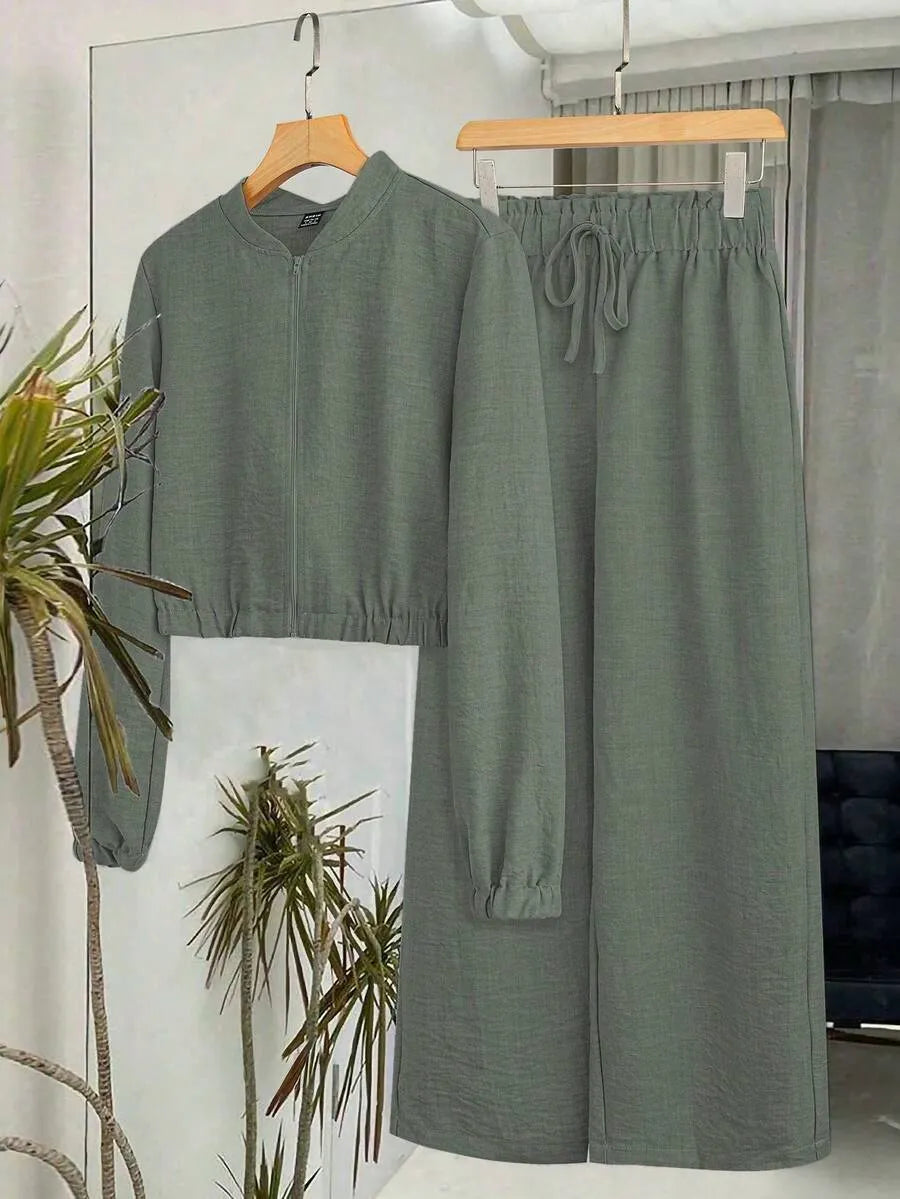 SHEIN GlowEve طقم نسائي قطعتين جاكيت قصير بأكمام خفاش وبنطال طويل بلون أخضر داكن