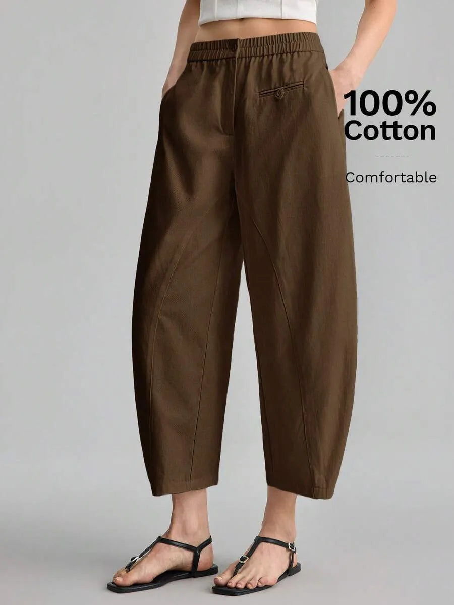 SHEIN Ontre بنطال نسائي أنيق بخصر مطاطي وبلون بني بطول الكاحل