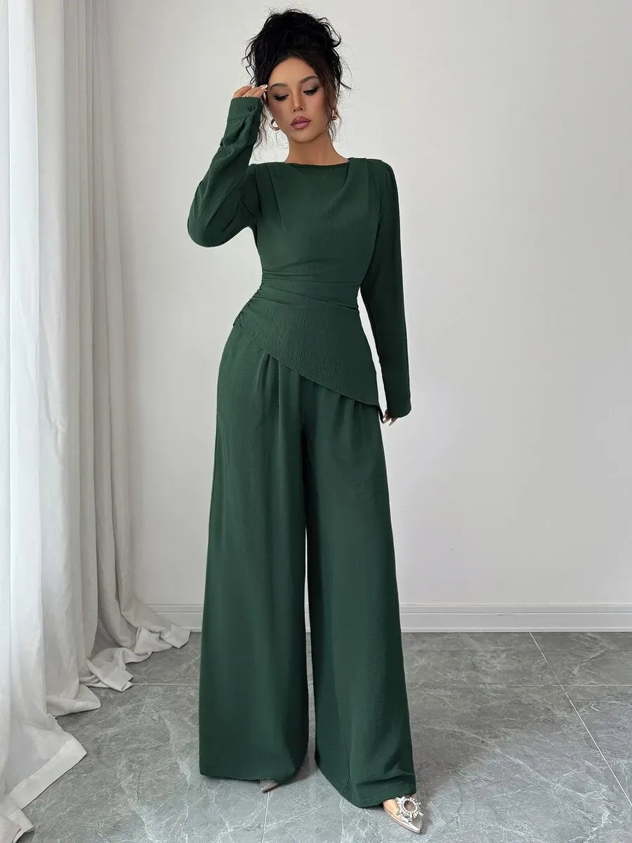 SHEIN Raffinéa طقم نسائي قطعتين تي شيرت بأزرار وبنطال طويل بلون أخضر داكن