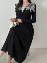 SHEIN FRIFUL فستان قصير بياقة دائرية وأكمام طويلة وتفاصيل دانتيل بلون أبيض لؤلؤي