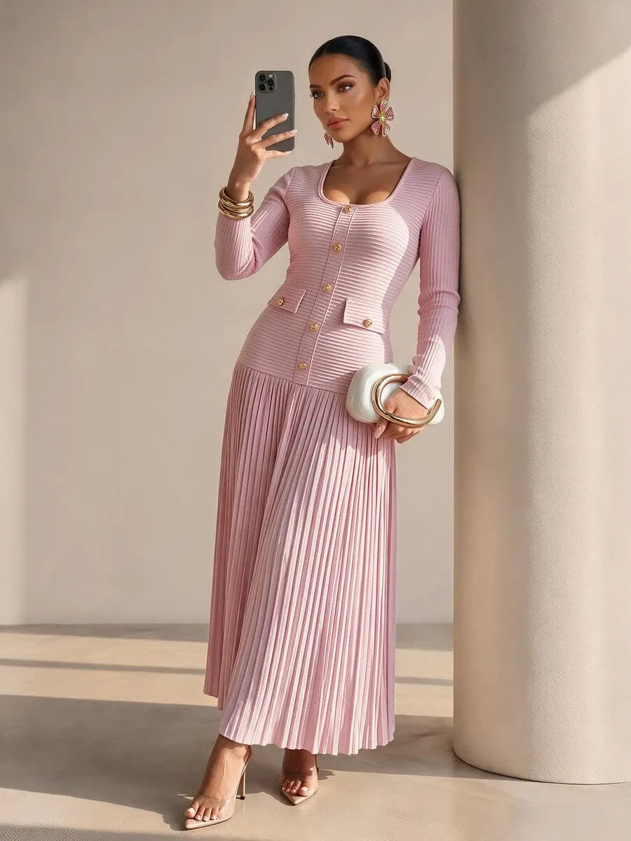 SHEIN Structelle فستان طويل ضيق بياقة وأزرار معدنية أمامية وحافة مطوية بلون وردي