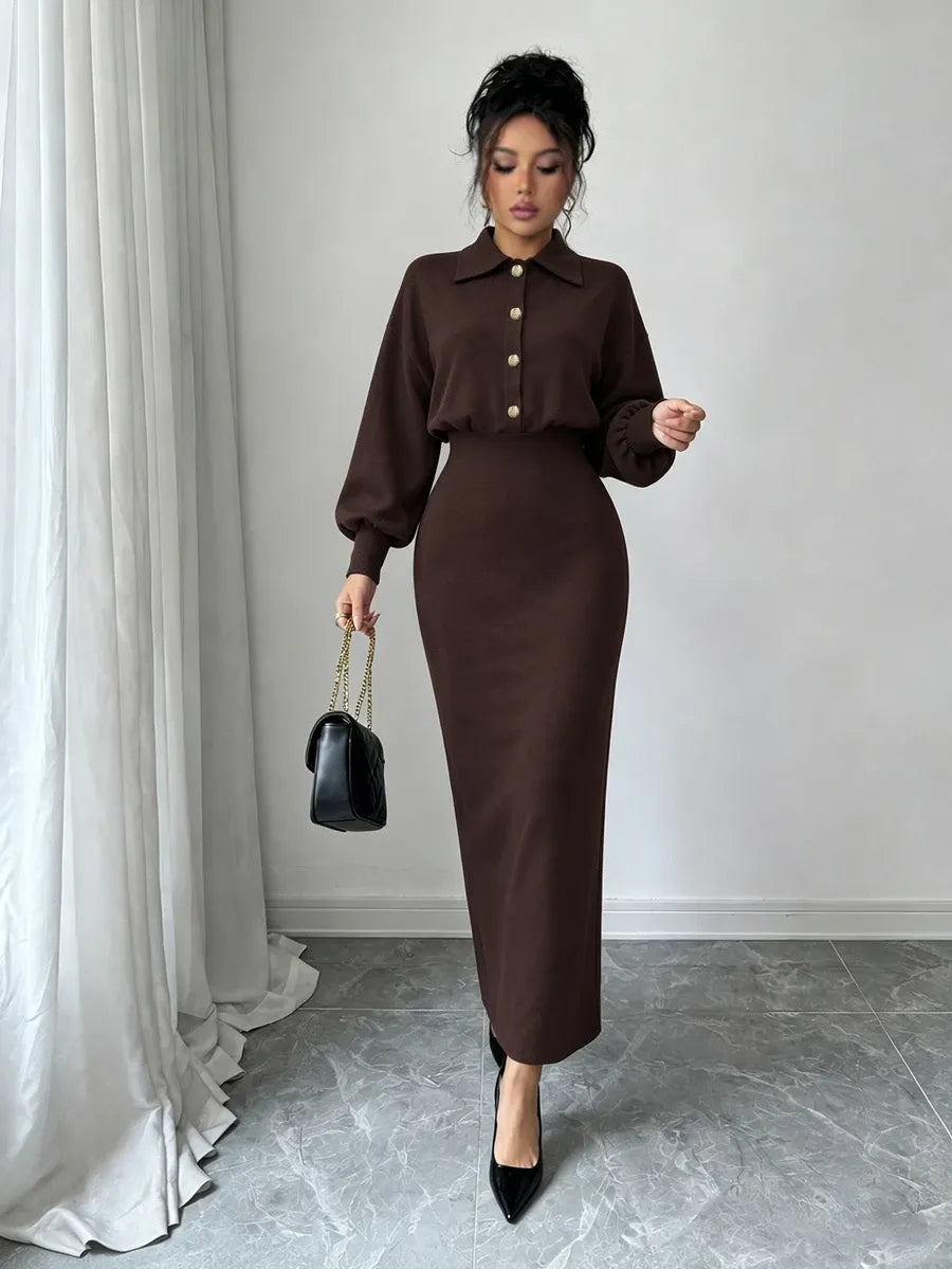 SHEIN Elenzya فستان محبوك طويل بياقة وأزرار معدنية أمامية بلون بني داكن
