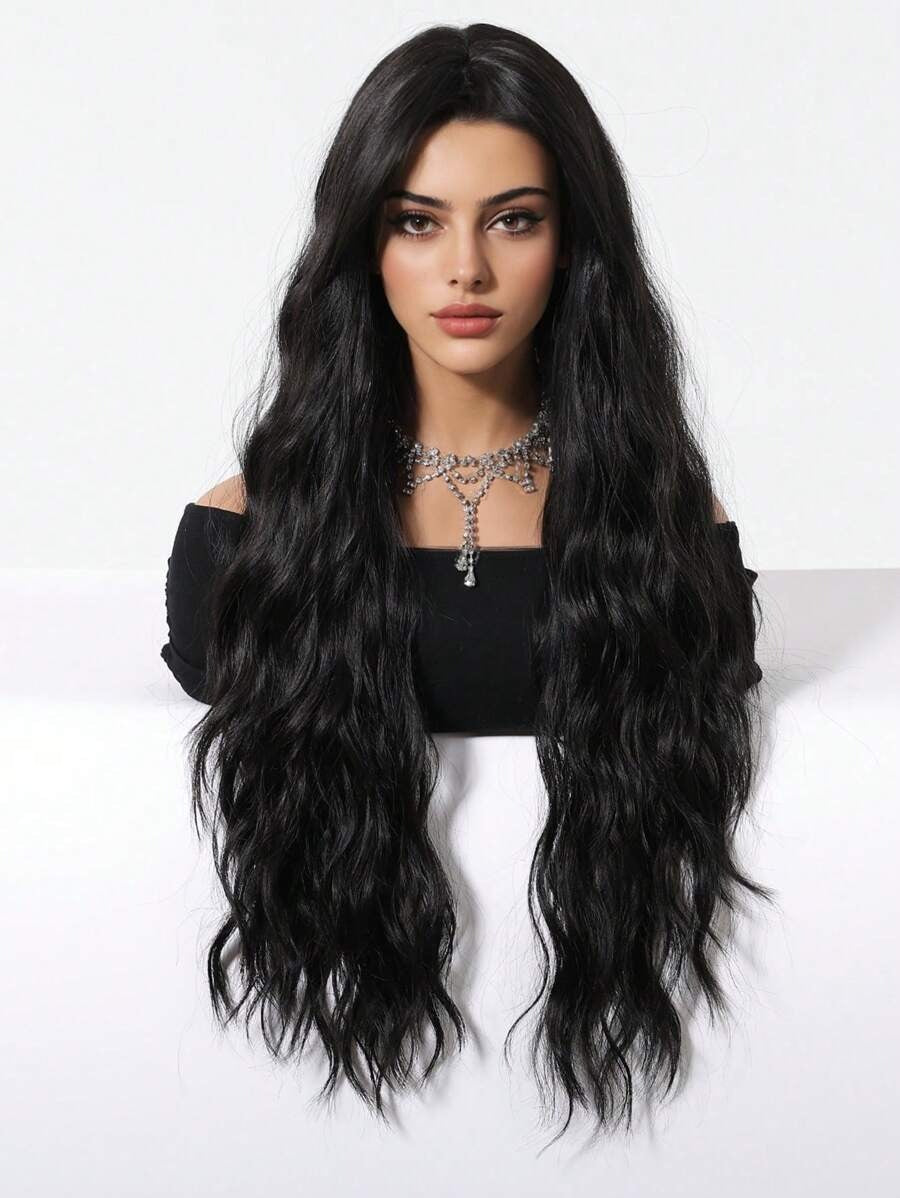 SHEIN باروكة شعر أسود طويلة 28 بوصة مموج وكيرلي مقاومة للحرارة