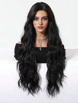 SHEIN باروكة شعر أسود طويلة 28 بوصة مموج وكيرلي مقاومة للحرارة