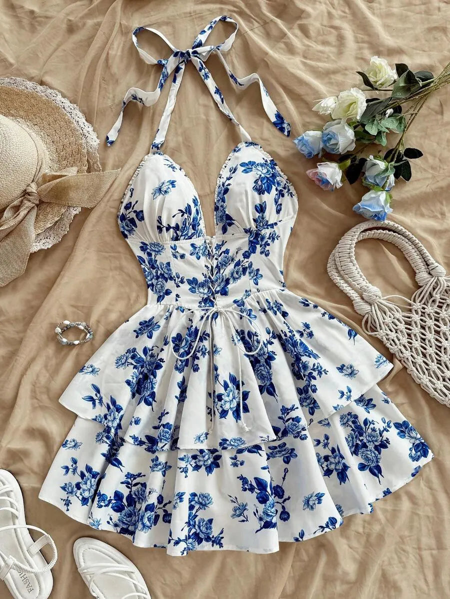 SHEIN Soleia فستان متعدد الألوان ميني واسع بحمالات رقبة هالتر ورباط بطبعة زهور
