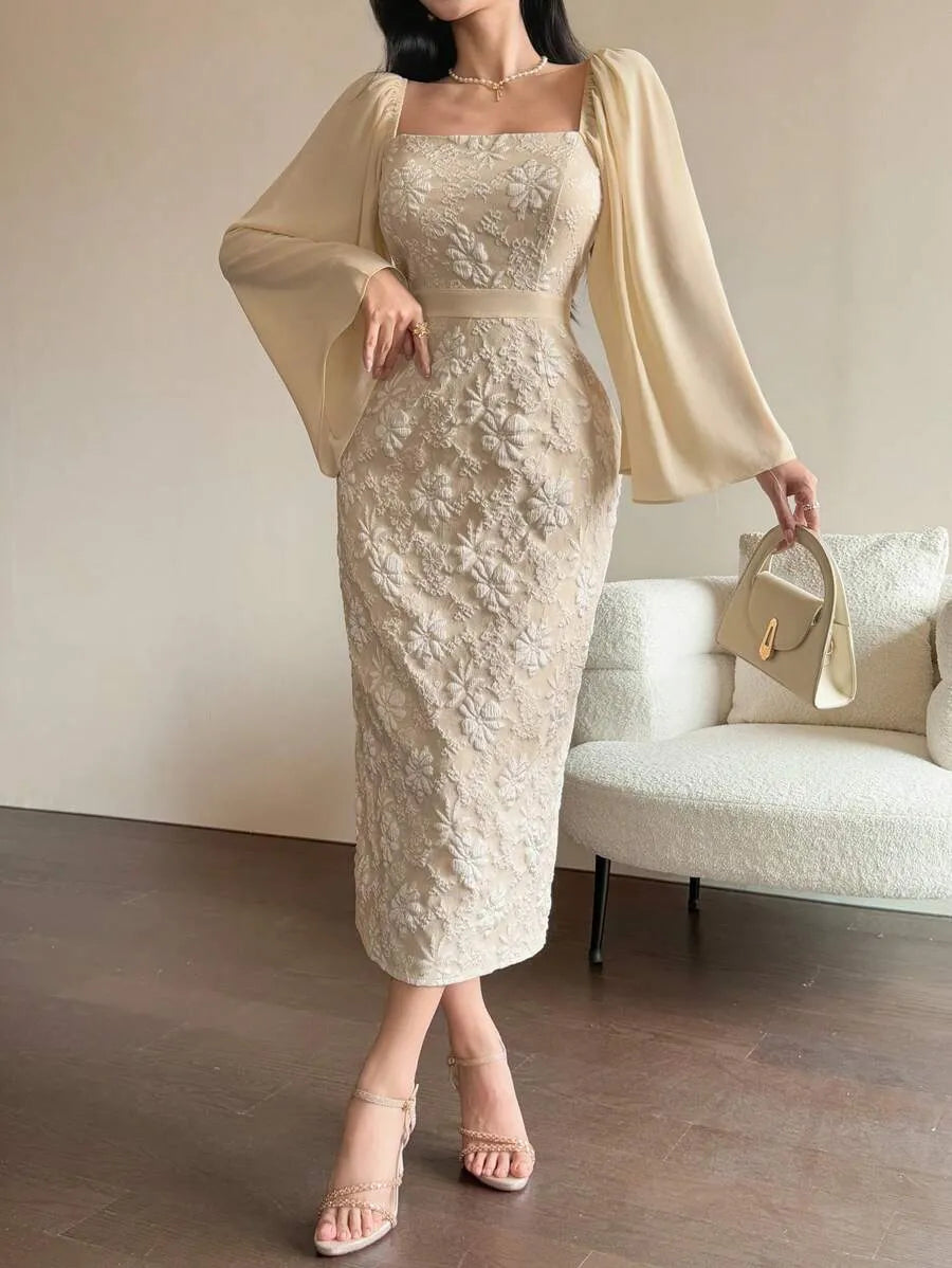 SHEIN DAZY فستان طويل بياقة مربعة وأكمام بفتحات ونقشة جاكار بلون بيج