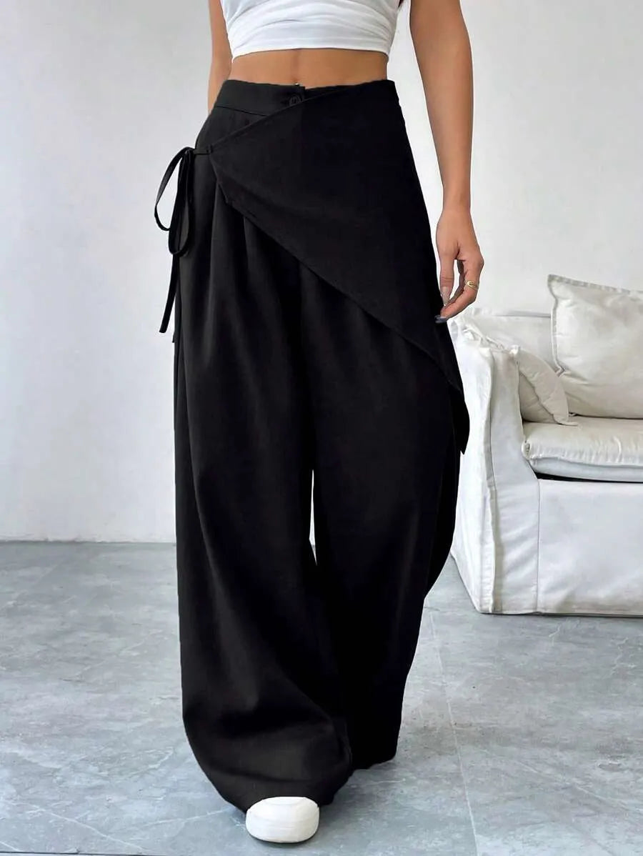 SHEIN SoleilVie بنطلون بلون الأسود طويل واسع الساق بخصر طبيعي