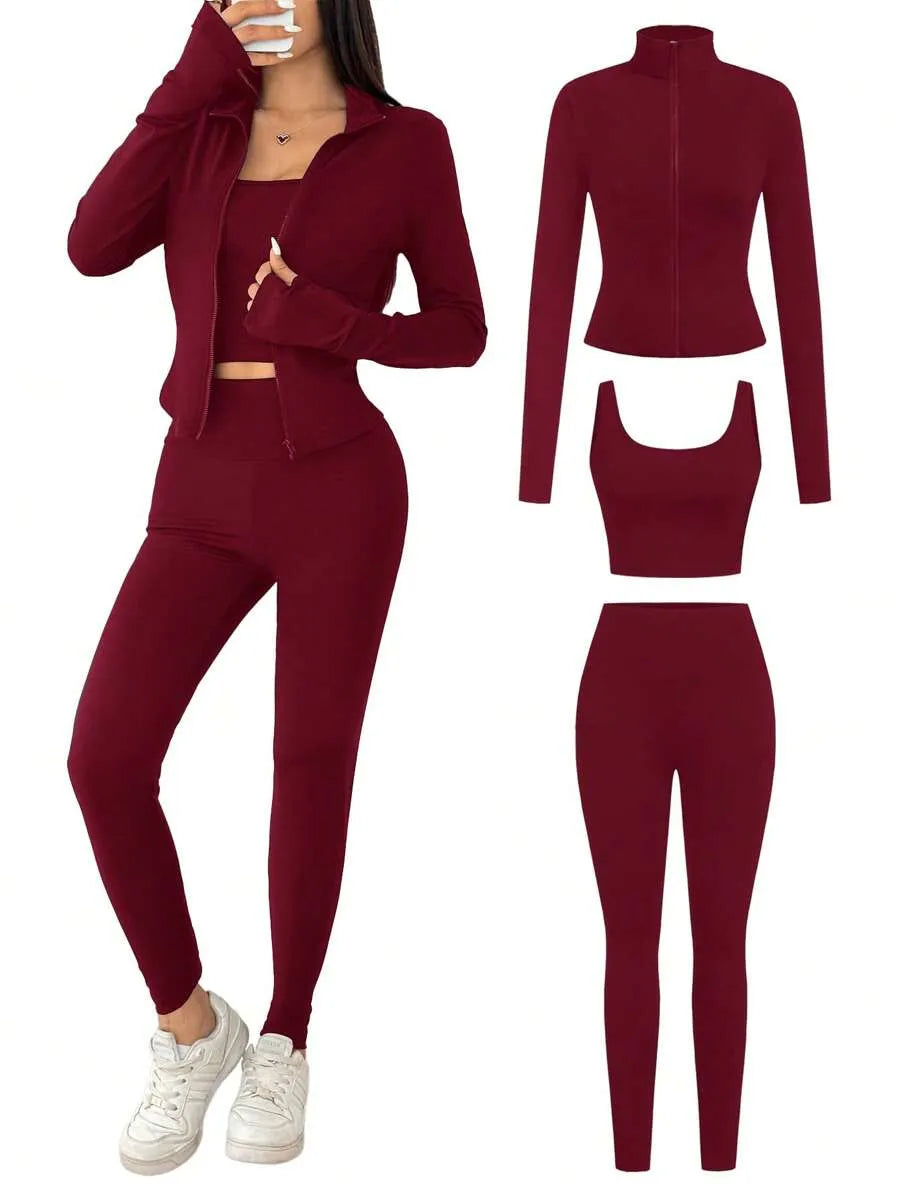 SHEIN EZwear طقم رياضي نسائي 3 قطع جاكيت محبوك وتوب قصير وليجنز بلون عنابي