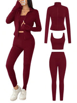SHEIN EZwear طقم رياضي 3 قطع جاكيت محبوك وتوب قصير وليجنز بلون عنابي