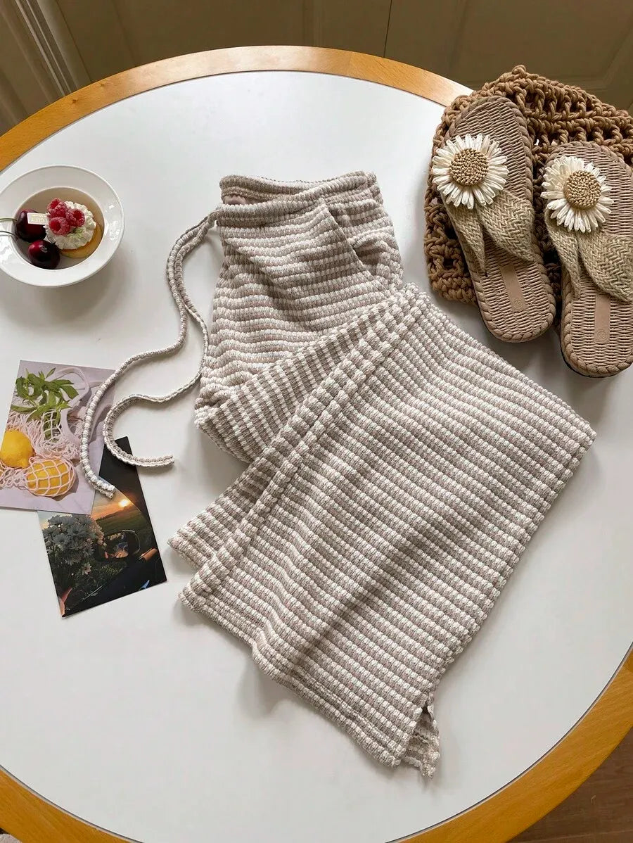 SHEIN Comfortcana بنطال نسائي كاجوال مخطط بخصر برباط بلون كاكي