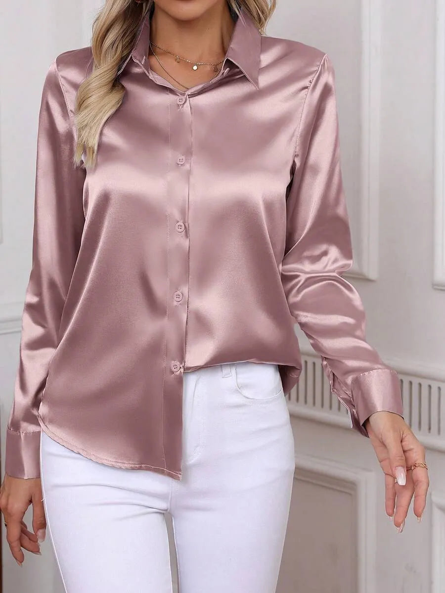 SHEIN قميص نسائي بأزرار أمامية وياقة وأكمام طويلة بلون وردي مغبر