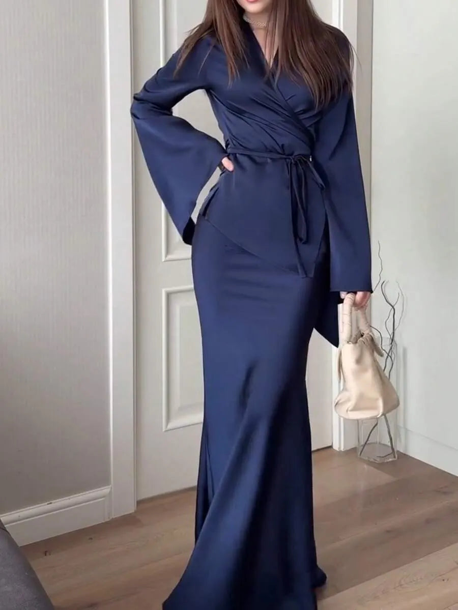 SHEIN طقم نسائي قطعتين بلوزة بياقة وتنورة طويلة برباط خصر بلون أزرق بحري