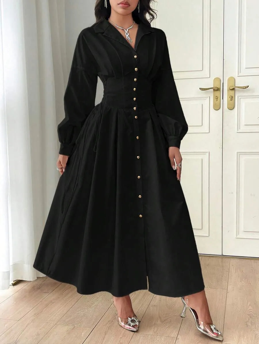 SHEIN Modelyn فستان قميص طويل بأزرار أمامية وخصر محدد بلون أسود