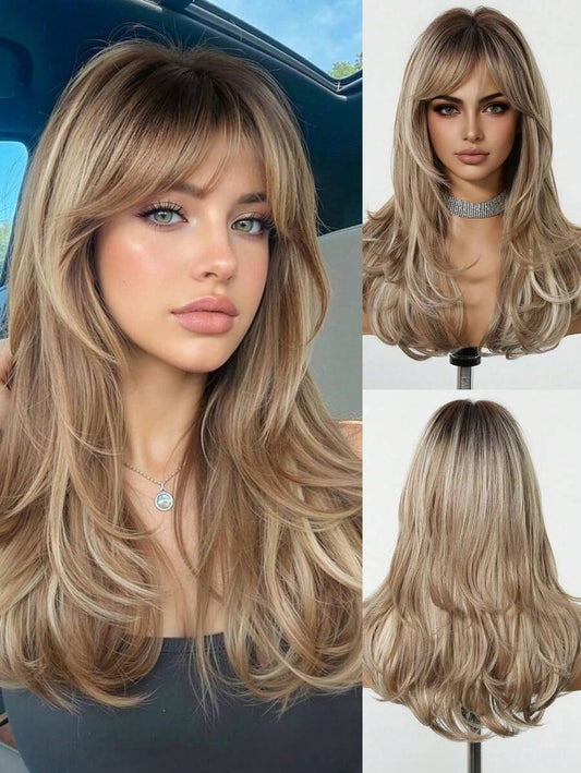 SHEIN باروكة شعر طويل مموج غرة أمامية وجذور داكنة بألوان بني وأشقر