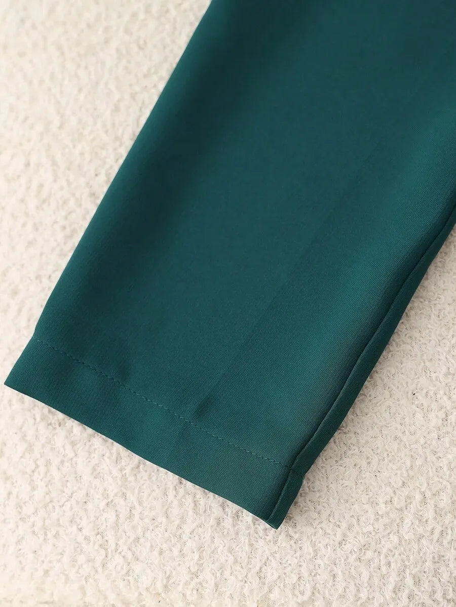 SHEIN GlowEve جمبسوت نسائي بخصر عالٍ وحزام وساق واسعة بجيوب بلون أخضر داكن