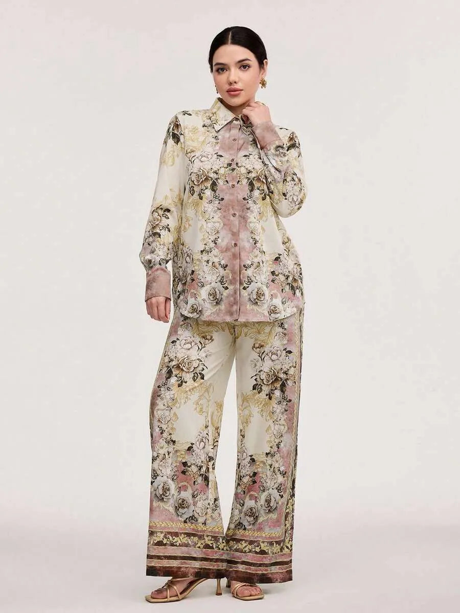 SHEIN Veilorie طقم نسائي قطعتين بلوزة بأزرار أمامية وبنطال طويل بلون مشمشي