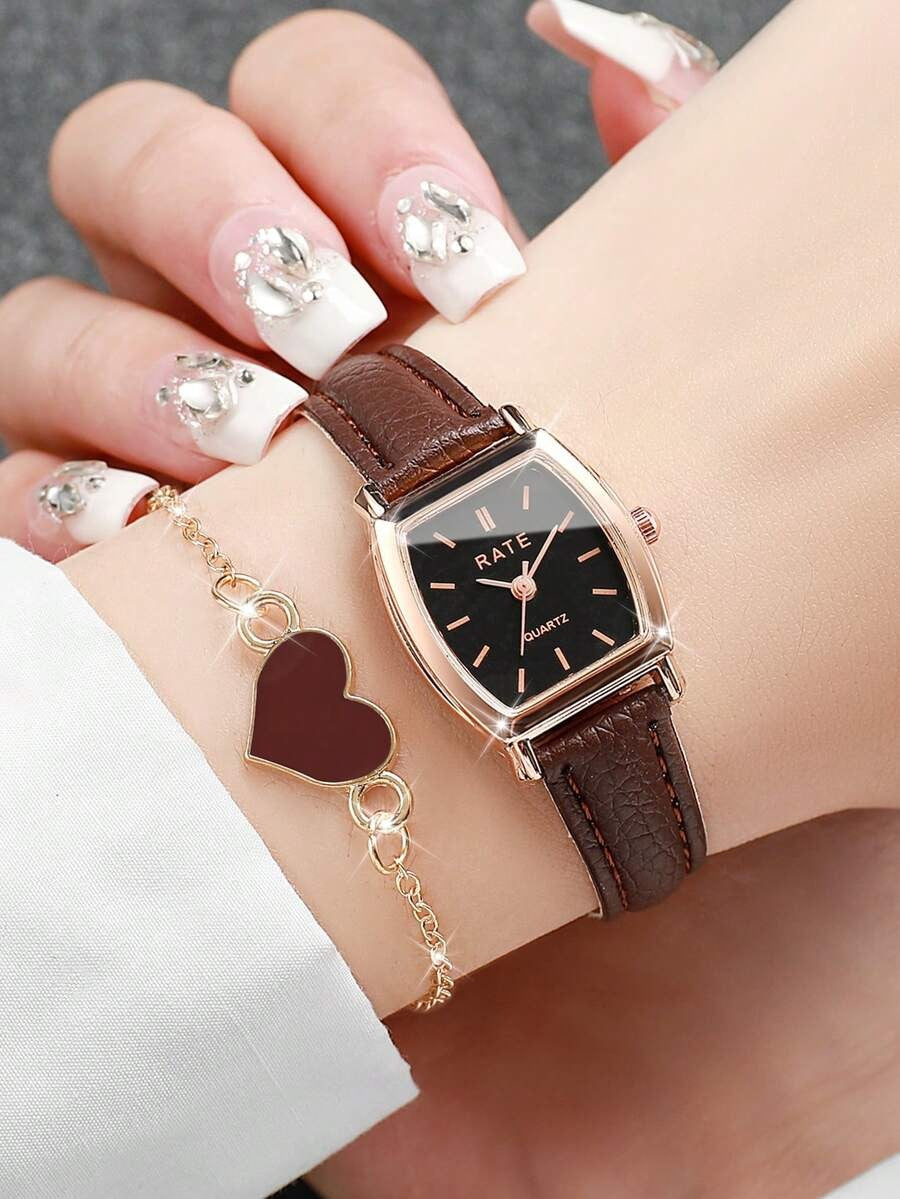 SHEIN طقم ساعتين نسائية بسوار جلد برميلي وقرص بسيط وسوار قلب