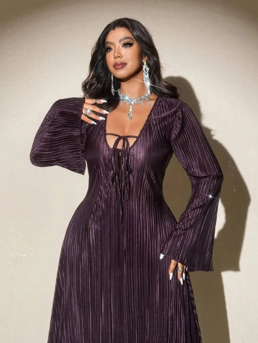 SHEIN Viva Relle فستان نسائي بياقة ورباط أمامي بلون بني