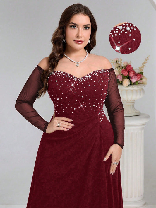 SHEIN Coutiva فستان سهرة طويل مزين باللؤلؤ للمقاسات الكبيرة