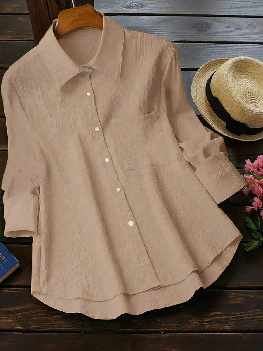 SHEIN INAWLY قميص نسائي بأزرار وياقة مزخرفة وجيب بلون كاكي