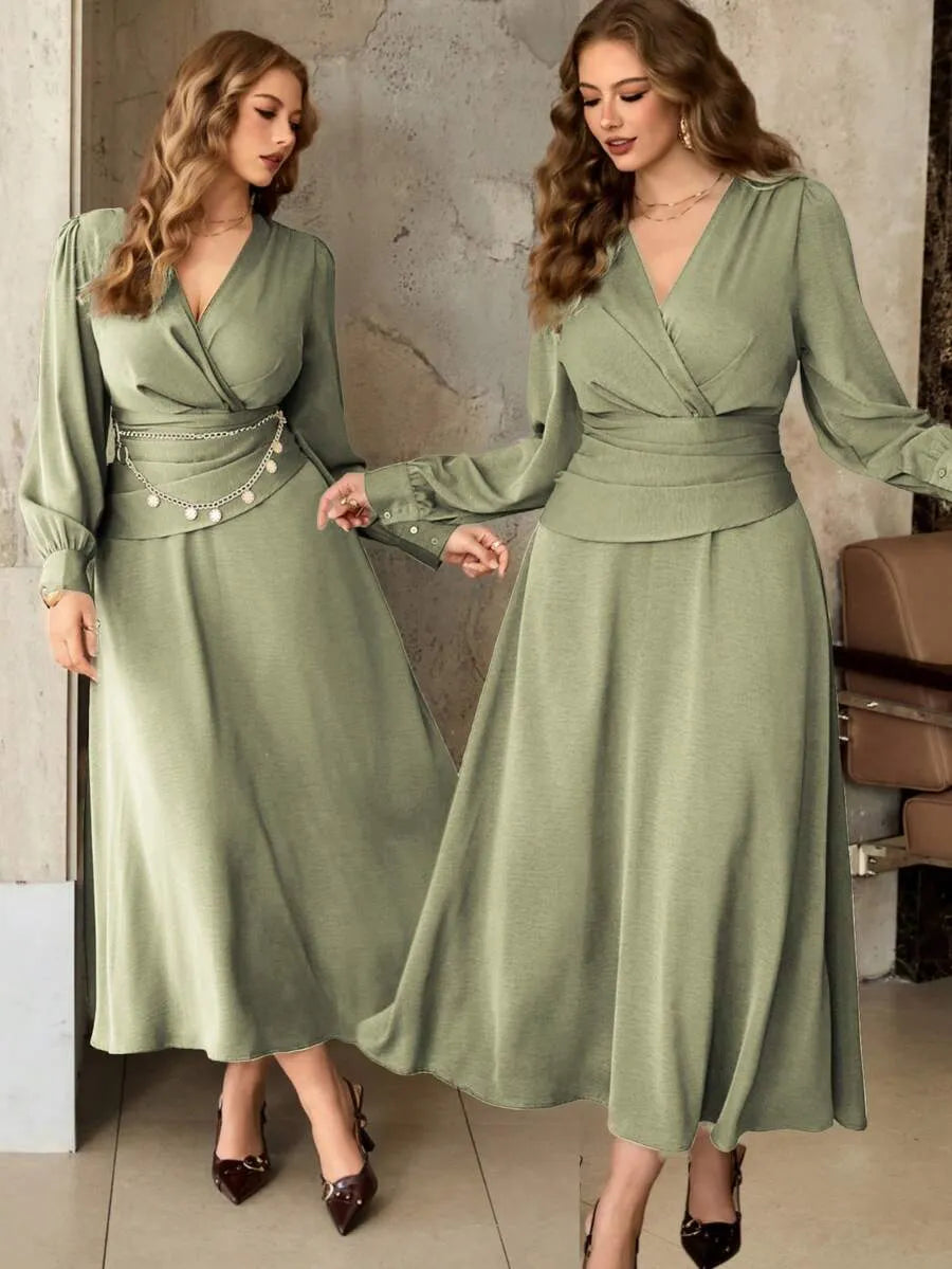 SHEIN Roveilla فستان نسائي بياقة وخصر برباط وتفاصيل كشكش بلون أخضر نعناع
