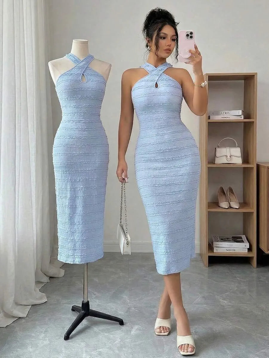 SHEIN Selianne فستان متوسط الطول بحمالات رفيعة متقاطعة أزرق داكن