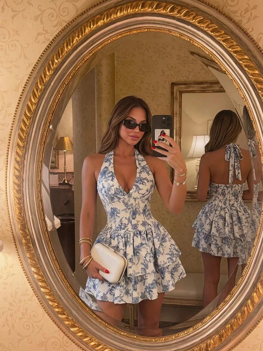 SHEIN Sunnyshic فستان ميني بلون متعدد الألوان بطبعة زهور وكشكشة وربطة عنق