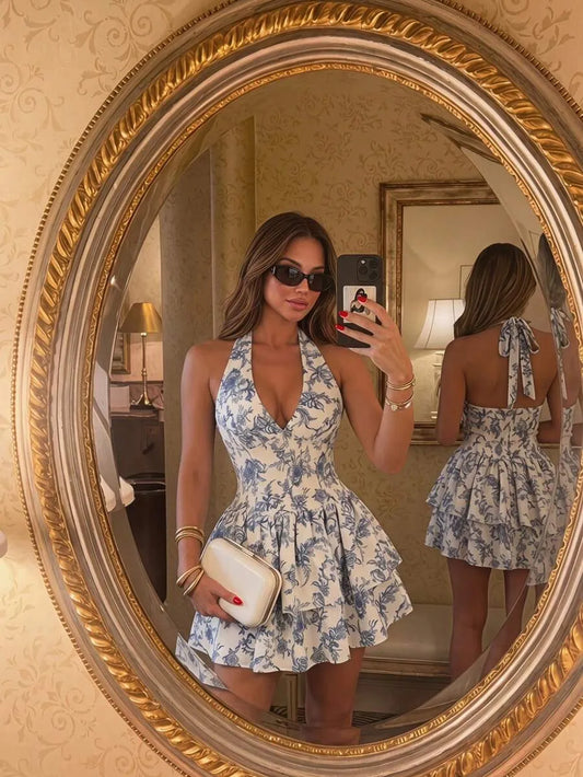 SHEIN Sunnyshic فستان ميني بلون متعدد الألوان بطبعة زهور وكشكشة وربطة عنق