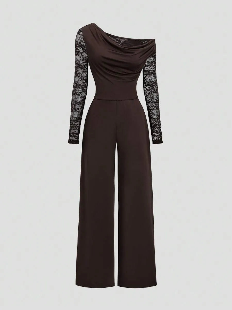 SHEIN Sweetra جمبسوت نسائي بتطريز دانتيل وياقة غير متماثلة وخصر عالٍ بلون بني قهوة
