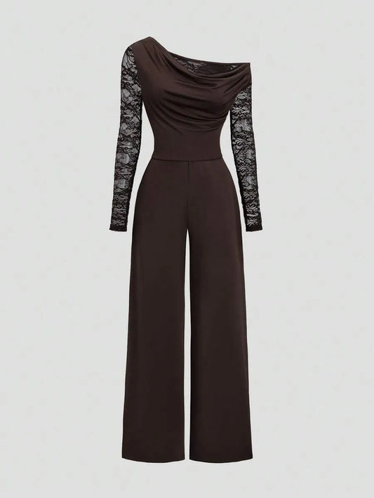 SHEIN Sweetra جمبسوت نسائي بتطريز دانتيل وياقة غير متماثلة وخصر عالٍ بلون بني قهوة