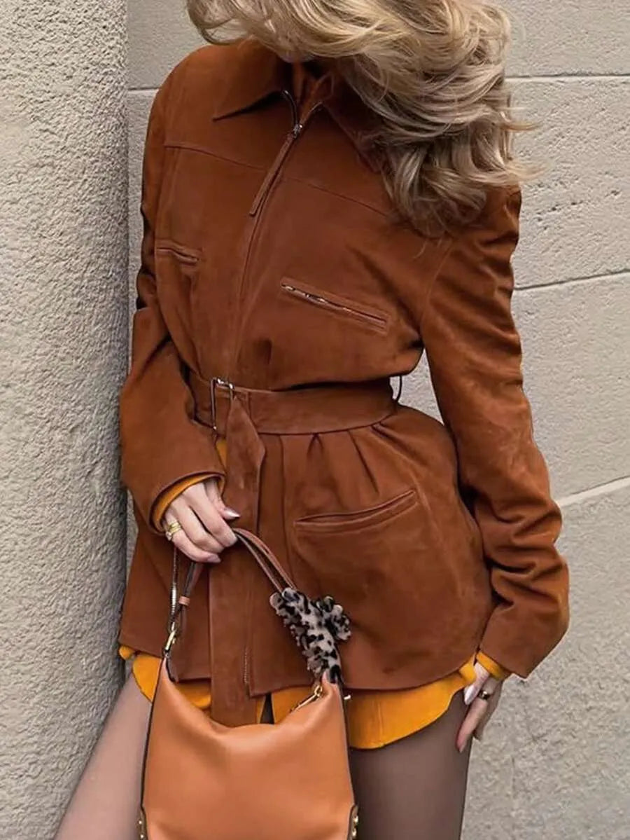 SHEIN جاكيت شمواه صناعي بياقة طية وسحاب أمامي بلون بني
