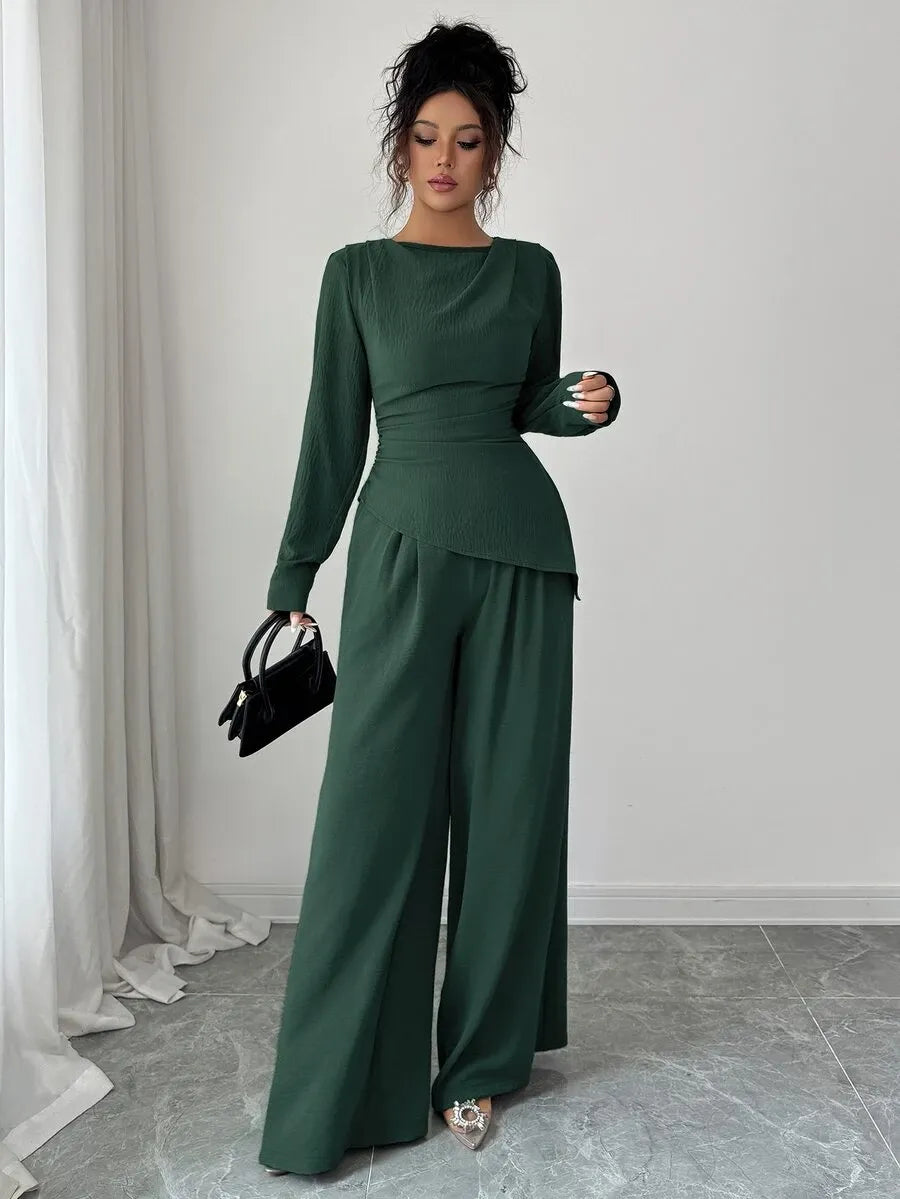 SHEIN Raffinéa طقم نسائي قطعتين تي شيرت بأزرار وبنطال طويل بلون أخضر داكن